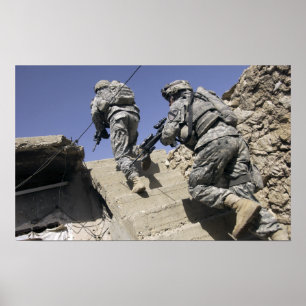 Soldiers running up staircase of a building poster
