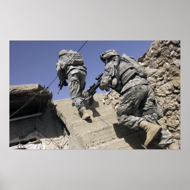 Soldiers running up staircase of a building poster (Front)