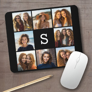 Solid Black 8 Photo Collage Custom Monogram Mouse Pad