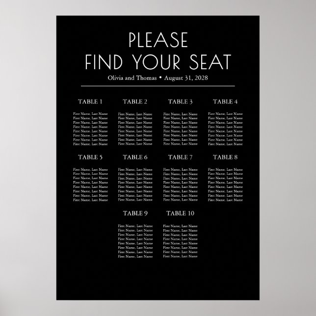 Solid Black and White Modern Wedding Seating Chart (Front)