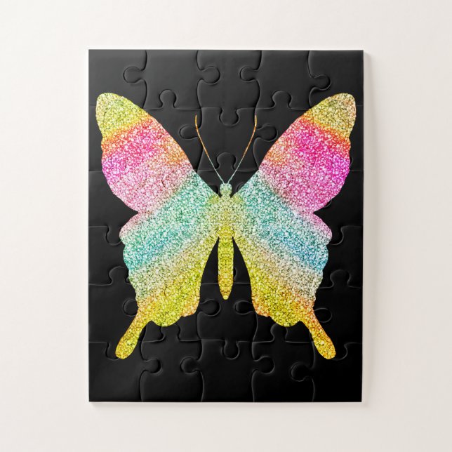 Solid Black Colourful Glitter Butterfly Fun Cute Jigsaw Puzzle (Vertical)