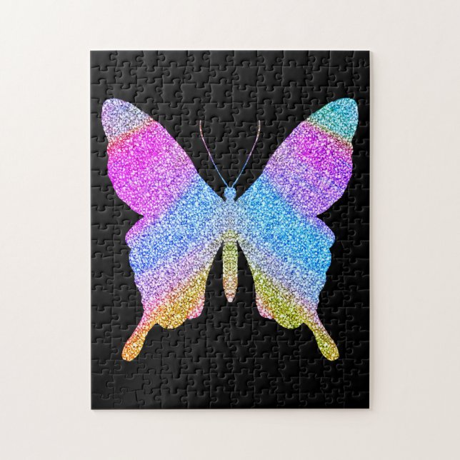 Solid Black Colourful Glitter Butterfly Fun Cute Jigsaw Puzzle (Vertical)