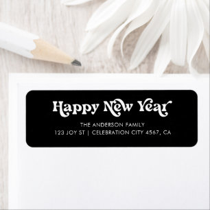 Solid Black Happy New Year Retro Typography Label Return Address Label