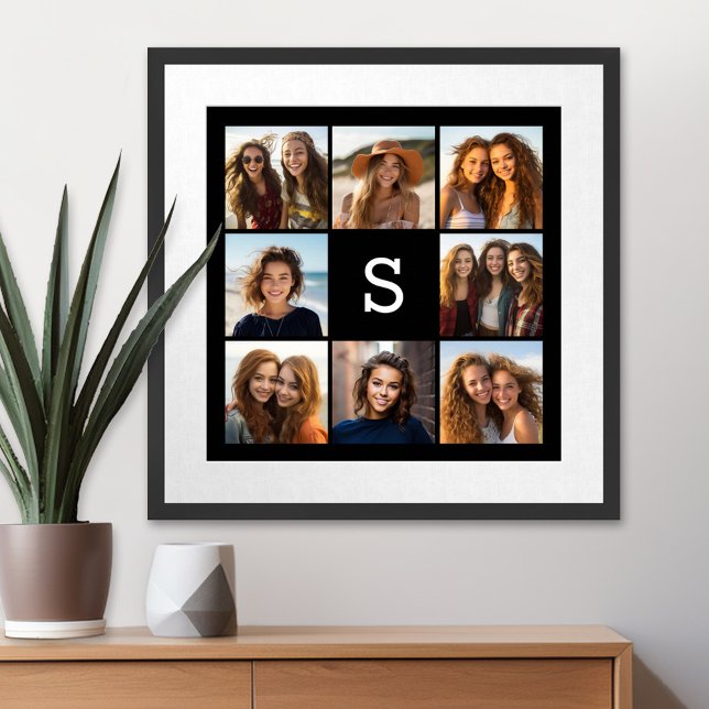 Solid Black Photo Collage Custom Monogram Poster (Personalized Wall Art with a Photo Collage)