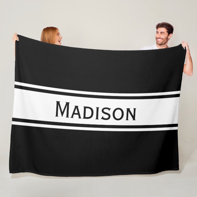 Solid Black White Stripes Modern Name Fleece Blanket (In Situ)
