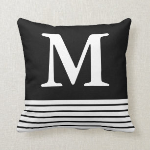 Solid Black With B/W Stripes Custom Monogrammed  Cushion