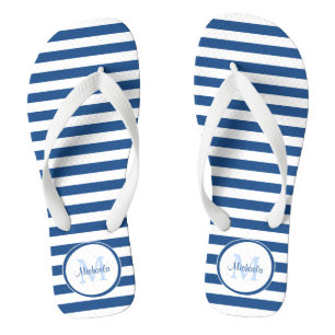 Solid Blue Stripes With Chic Monogram and Name Thongs