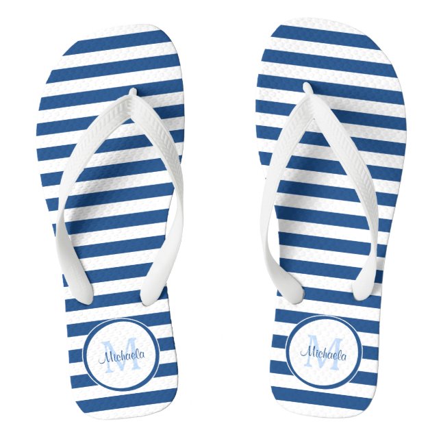 Solid Blue Stripes With Chic Monogram and Name Thongs (Footbed)