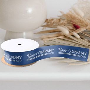 Solid Blue White Business Logo Branded Gift Ribbon Satin Ribbon