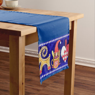 Solid Blue White Red Swedish Christmas Watercolor Short Table Runner