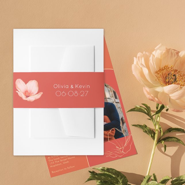 Solid bold grapefruit red modern wedding invitation belly band (Creator Uploaded)