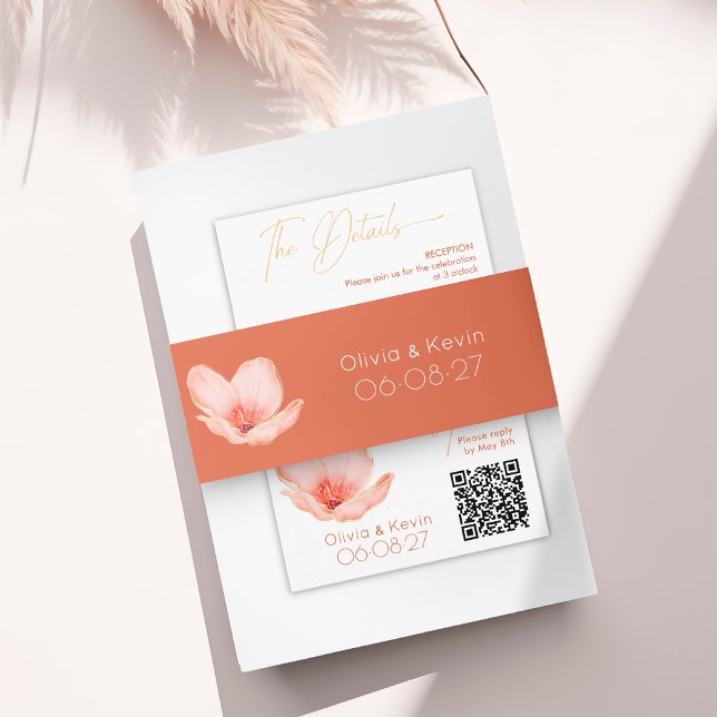 Solid bold orange modern gold floral wedding invitation belly band (Creator Uploaded)