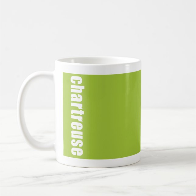 solid bright green mug with colour name,chartreuse (Left)