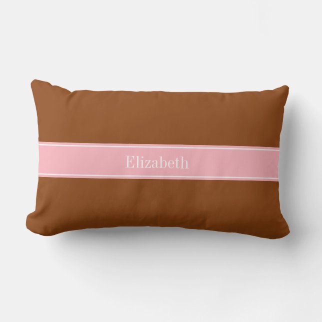 Solid Brown, Pink Ribbon Name Monogram Lumbar Cushion (Front)