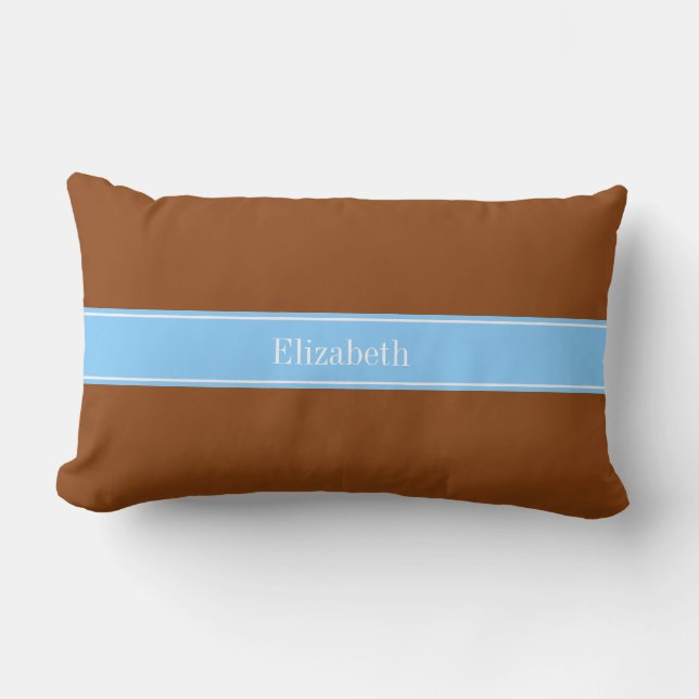 Solid Brown, Sky Blue Ribbon Name Monogram Lumbar Cushion (Front)