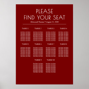 Solid Burgundy Red Modern Wedding Seating Chart