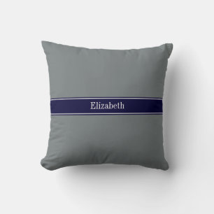 Solid Charcoal Grey Navy Blue Ribbon Name Monogram Cushion