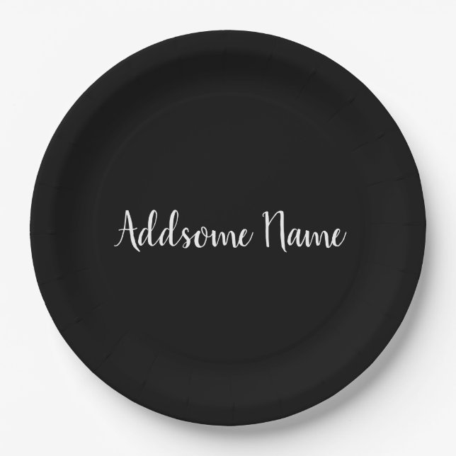 Solid Color Modern Basic Black Monogrammed Paper Plate (Front)