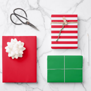 Solid Color Red Green with Red and White Stripes Wrapping Paper Sheet