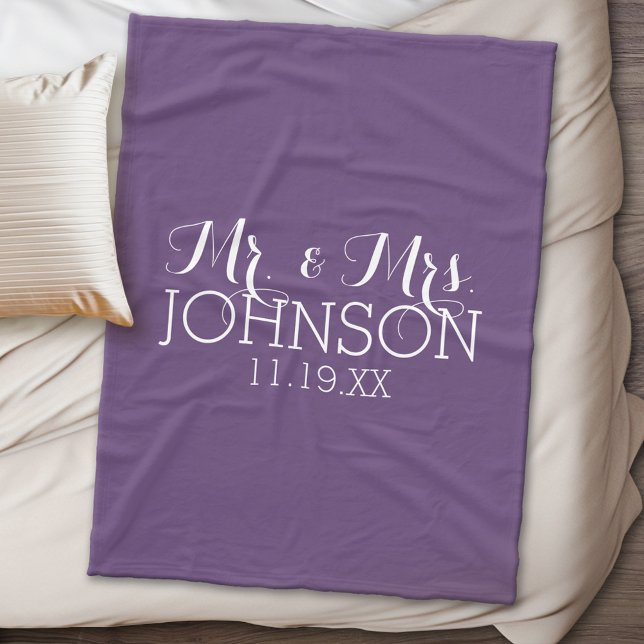 Solid Colour Aubergine Mr & Mrs Wedding Favour Fleece Blanket (Personalized wedding anniversary fleece blanket)