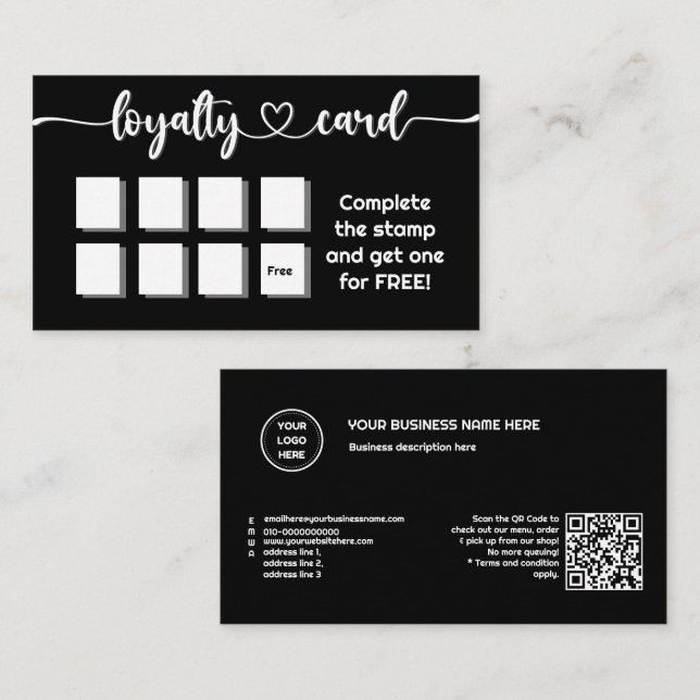 Solid Colour Black Add Your Logo QR Code Loyalty Card (Front/Back)