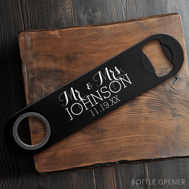 Solid Colour Black Mr & Mrs Wedding Favours (Custom Bar Key)