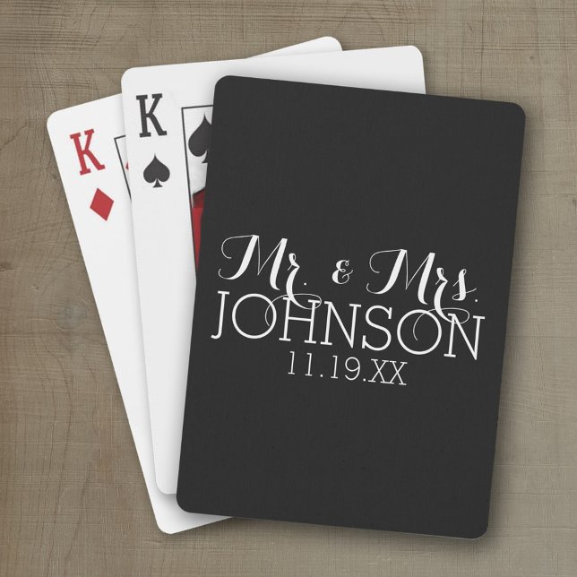 Solid Colour Black Mr & Mrs Wedding Favours Playing Cards (Wedding and Anniversary Playing Cards - Personalize with your information)