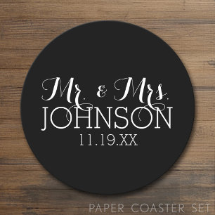 Solid Colour Black Mr & Mrs Wedding Favours Round Paper Coaster