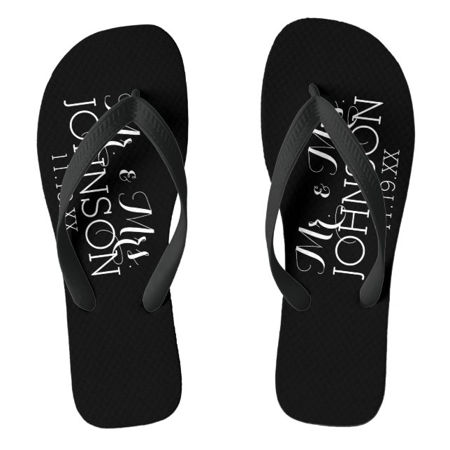 Solid Colour Black Mr & Mrs Wedding Memento Thongs (Footbed)