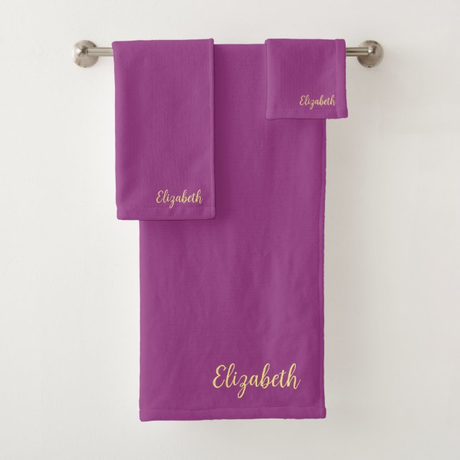 Solid Colour Bordeaux Gold Handwritten Name Custom Bath Towel Set (Insitu)