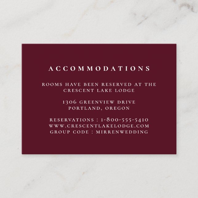 Solid Colour Burgundy Red Wedding Accommodations Enclosure Card (Front)