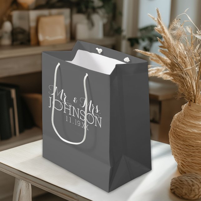 Solid Colour Charcoal - Mr & Mrs Wedding Favours Medium Gift Bag (Custom Gift Bag)