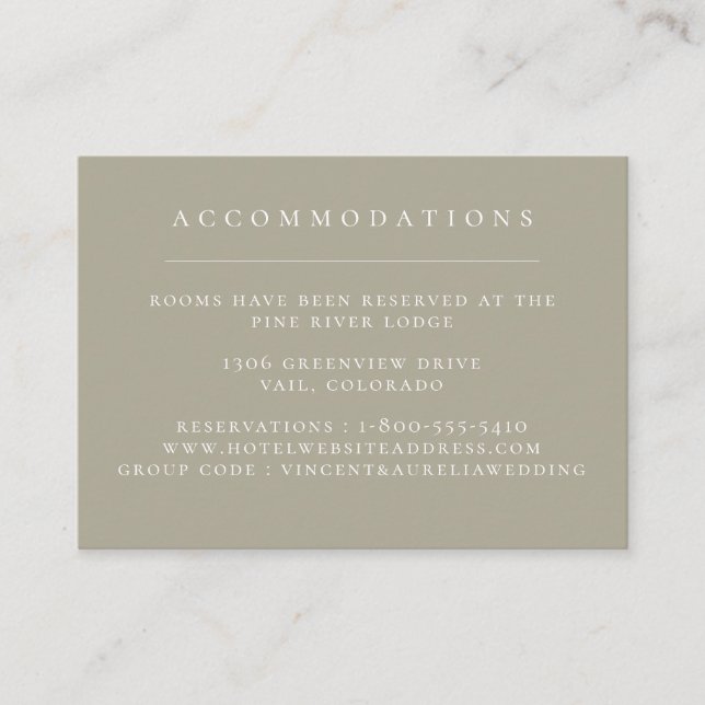 Solid Colour Earthy Sage Wedding Accommodations Enclosure Card (Front)