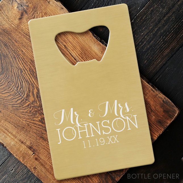 Solid Colour Gold - Mr & Mrs Wedding Favours (Custom Bottle Opener - Card Style)