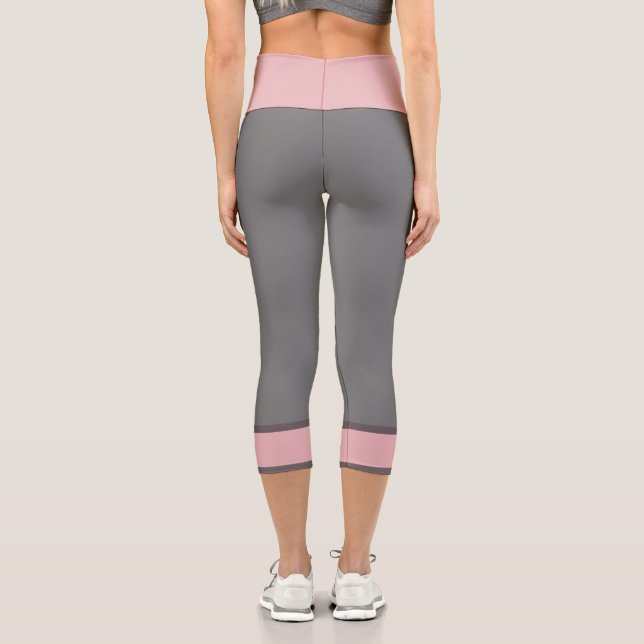 Solid Colour Grey Stripe Line Pink Capri Leggings (Back)