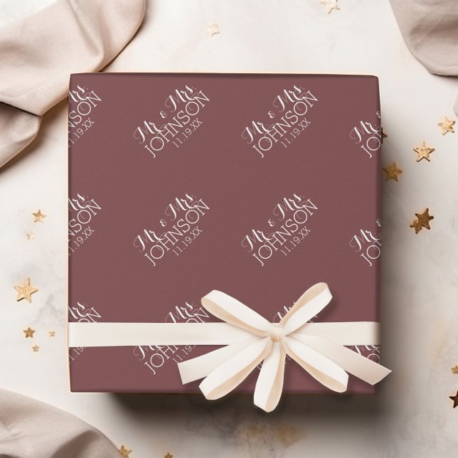 Solid Colour Marsala - Mr & Mrs Wedding Favours Wrapping Paper (Personalized Wedding Anniversary Wrapping Paper)
