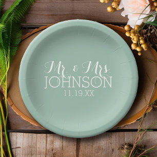 Solid Colour Mint Green - Mr & Mrs Wedding Favours Paper Plate