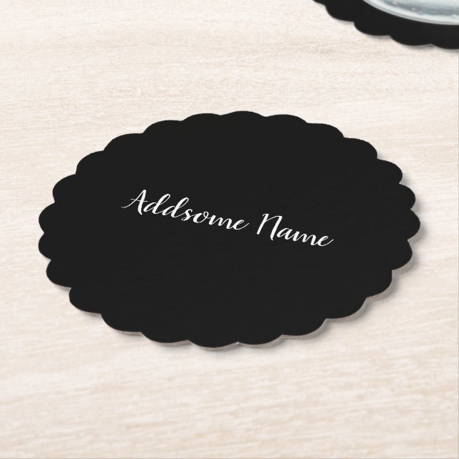 Solid Colour Modern Basic Black Monogrammed Paper Coaster (Angled)