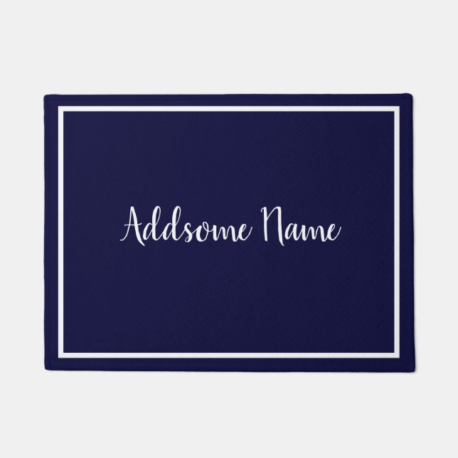 Solid Colour Modern Basic Navy Blue White Monogram Doormat (Front)