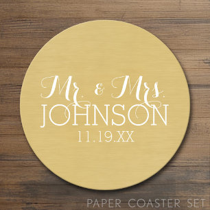 Solid Colour Mr & Mrs Wedding or Anniversary Favou Round Paper Coaster