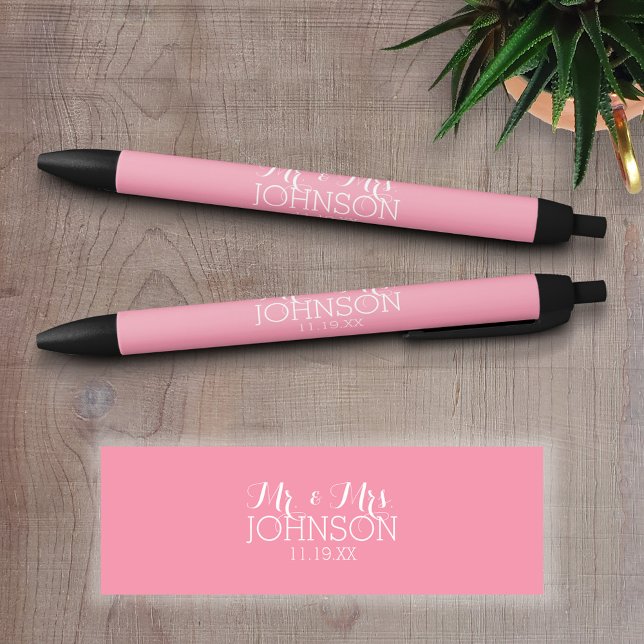 Solid Colour Pastel Pink - Mr & Mrs Wedding Favour Black Ink Pen (Personalized writing pens)