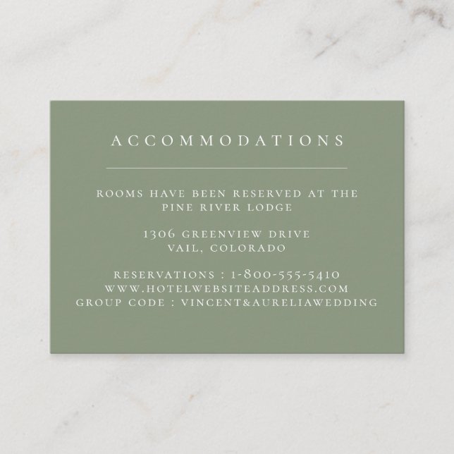 Solid Colour Sage Green Wedding Accommodations Enclosure Card (Front)