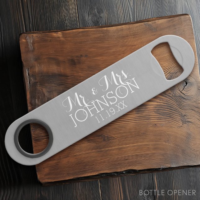 Solid Colour Silver - Mr & Mrs Wedding Favours (Custom Bar Key)