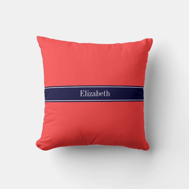 Solid Coral Red, Navy Blue Ribbon Name Monogram Cushion (Front)