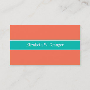 Solid Coral, Teal Ribbon Name Monogram Business Card