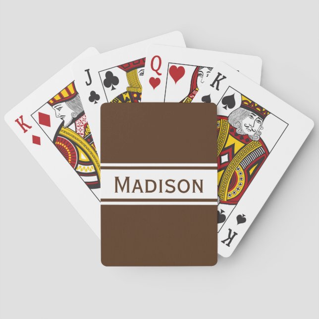 Solid Dark Brown White Stripes Modern Name Playing Cards (Back)