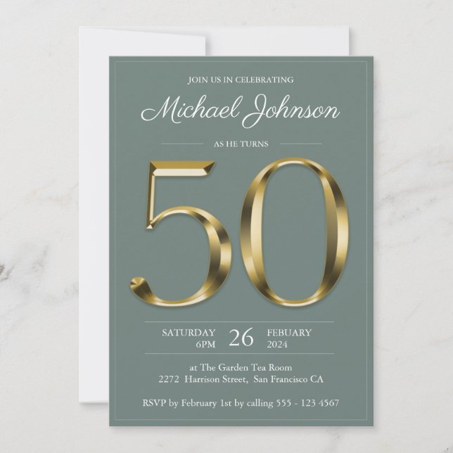 Solid Gold 50th Birthday Sage Green Classy Party Invitation (Front)