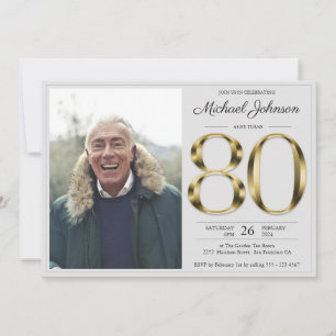 Solid Gold Text Grey Classy Photo 80th Birthday  Invitation