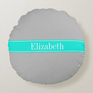 Solid Grey, Bright Aqua Ribbon Name Monogram Round Cushion