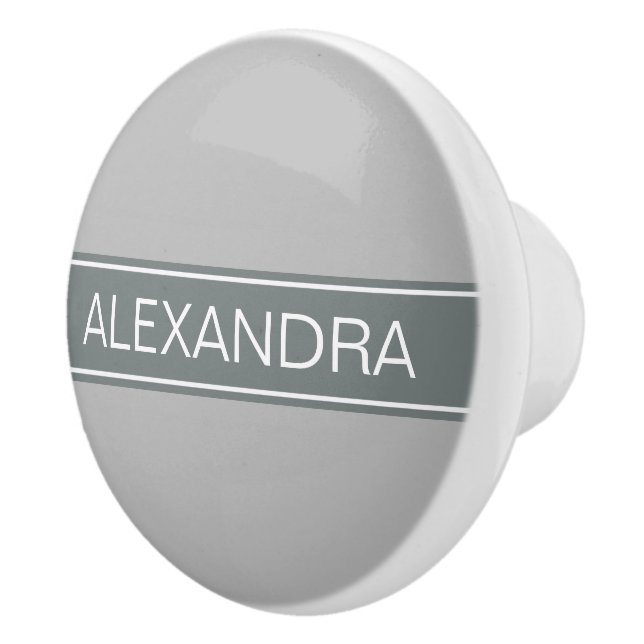 Solid Grey, Charcoal Grey Ribbon Name Monogram Ceramic Knob (Right)
